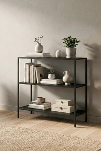 Vesta Modern Tasarım 3 Raflı Siyah Metal Kitaplık & Dekoratif Konsol
